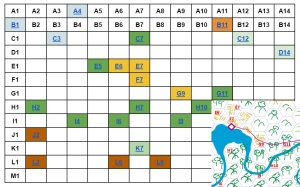 A table showing hex numbers in color-coded cells, corresponding to locations on the hex map.  A small portion of the actual map is inset in the bottom right of the image, showing the hex numbers for keyed locations.